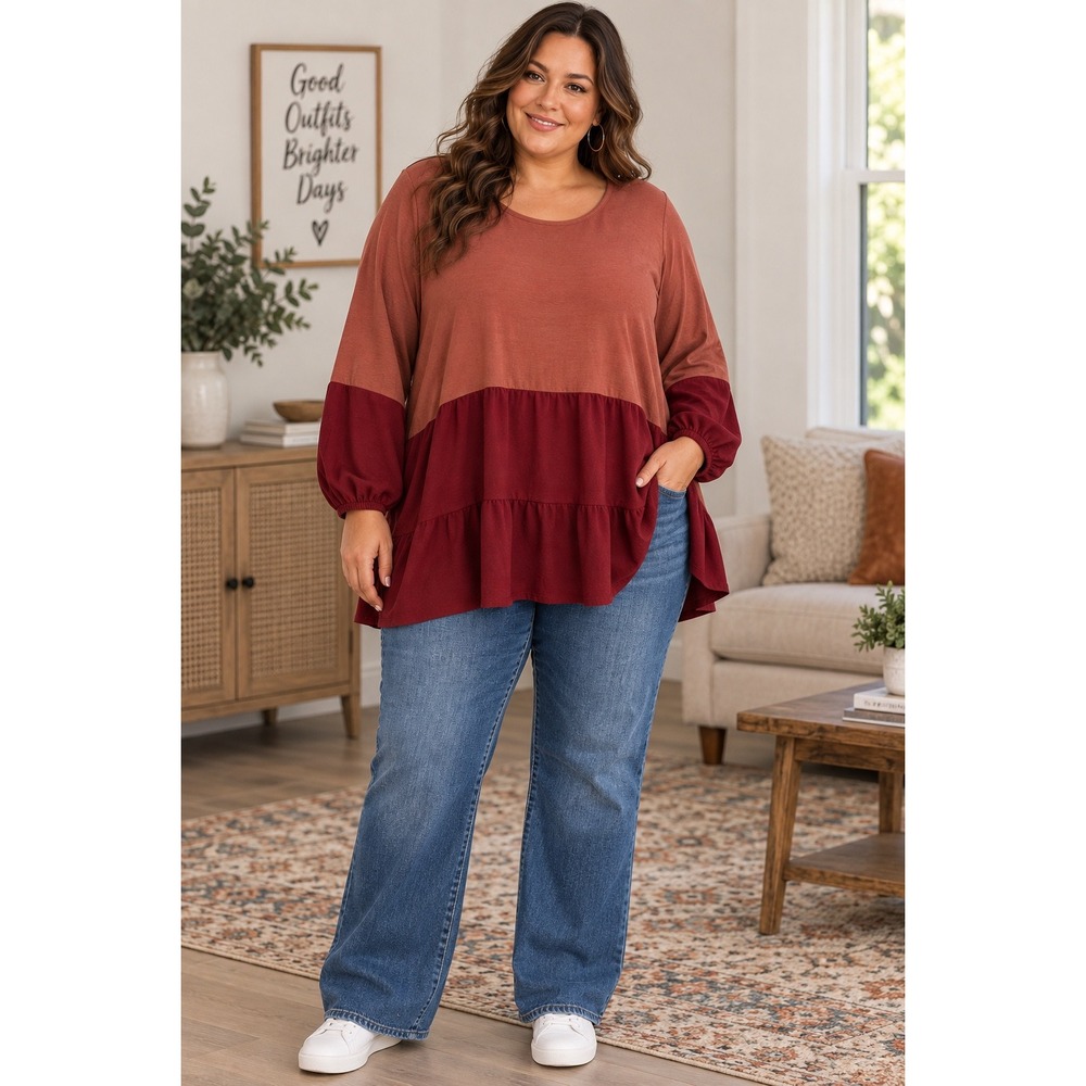 Emery Rose 5XL Colorblock Tiered Tunic Top Rust Burgundy Long Sleeve Plus Size